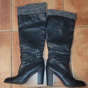 4" heeld knee high black boots with buckles and fold over knit